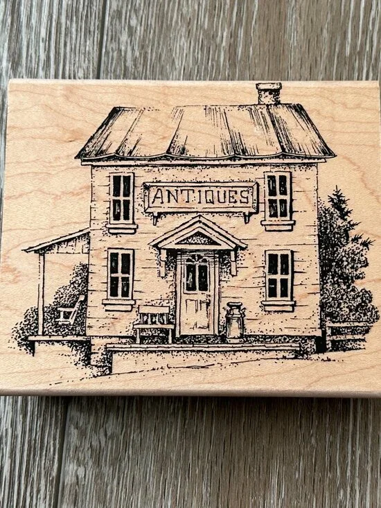 Rubber Cottage Stamp Antique Store Larger Stamp Wood Base