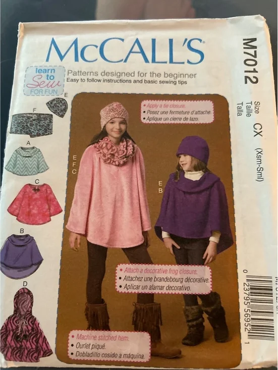 McCALL'S M7012 Sewing Pattern for Beginner Poncho and Accessories XS-S