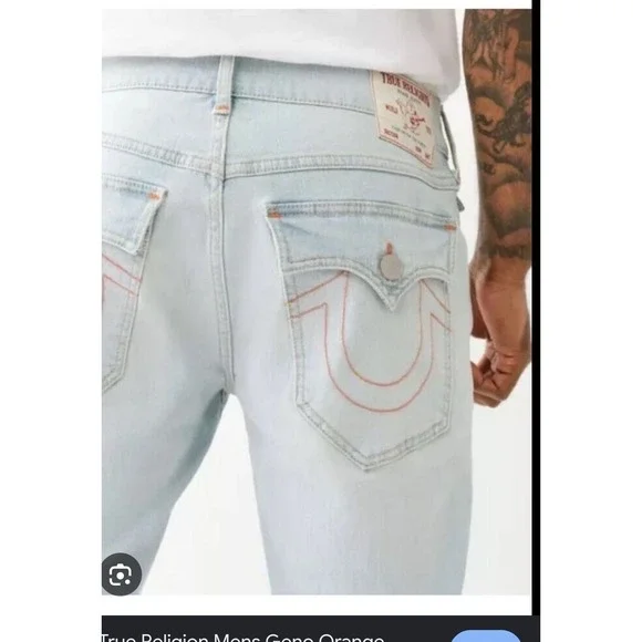 True Religion Ricky Relaxed Straight Denim Shorts Mens 40 Light Blue  Red Stitch