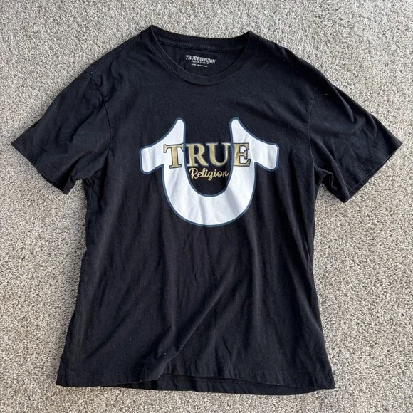 True Religion Brand Jeans Shirt Mens Large Black Logo Graphic Tee T-Shirt
