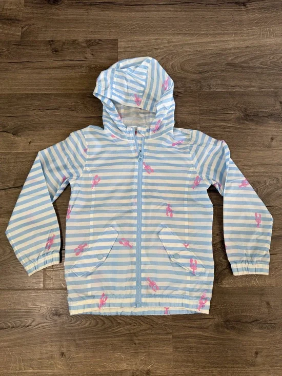 Joules Light Blue & White Striped Hooded Raincoat with Pink Lobsters
