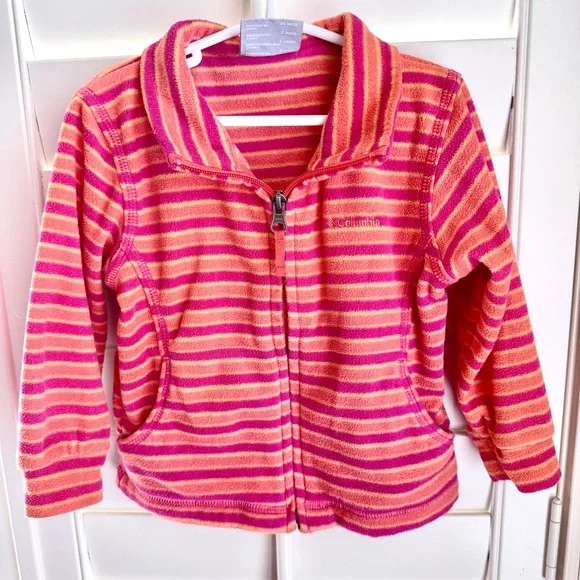 Columbia 24M Toddler Fleece Jacket Pink Orange Striped‎ Zip Up Spring Layer