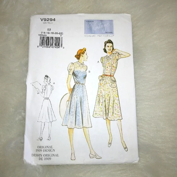 VOGUE V9294 Misses' Dress Original 1939 Design With Cute Pockets