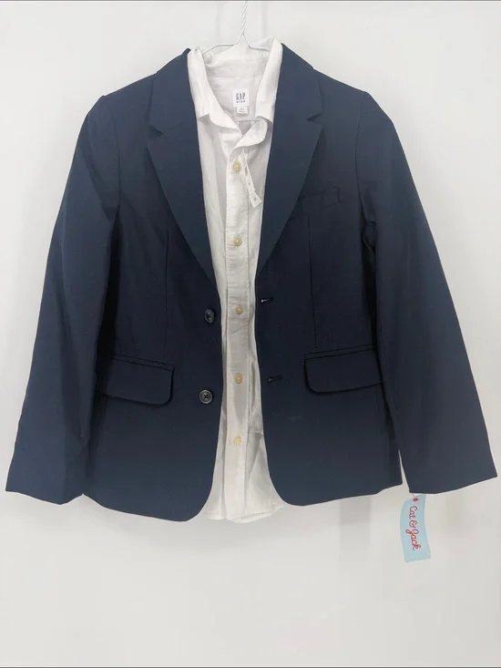 Boys 10 Navy Suit Jacket Blazer & White Button-Up Dress Shirt Formal Wedding
