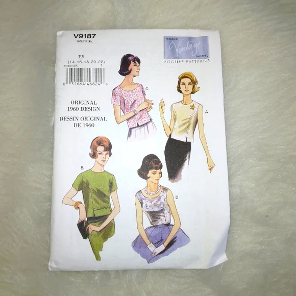 VOGUE V9187 sz 14-22 Vintage 60s Original Design Missds Tops Fitted Through Bust