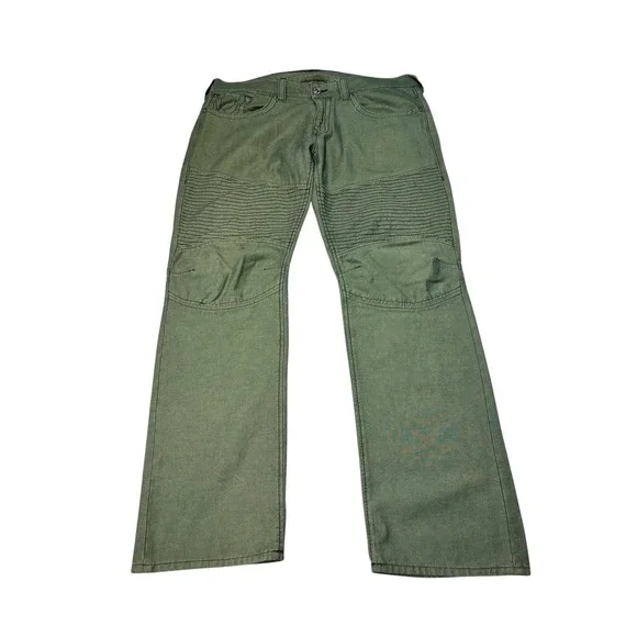 True Religion Mens Section Moto Slim Pants Olive Green‎ Biker Ribbed 38X33