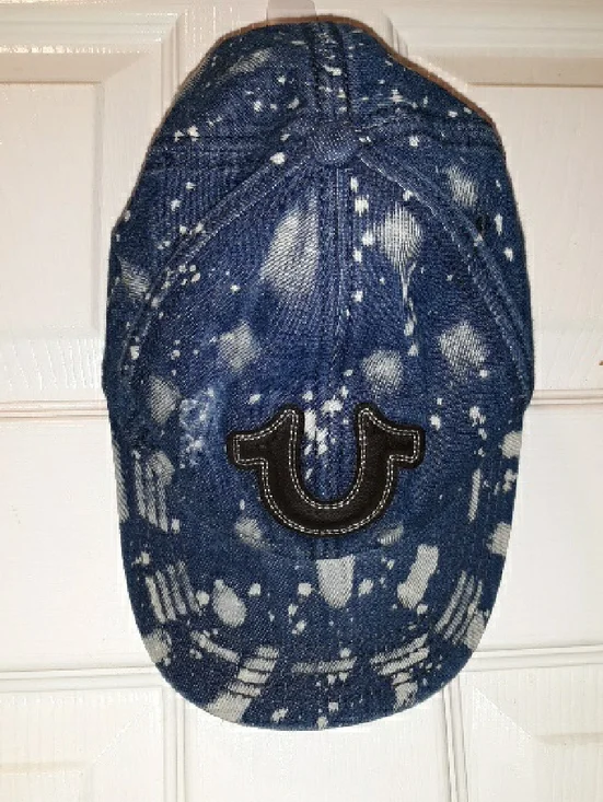 True Religion Logo Distressed/Spotted Blue Denim Hat