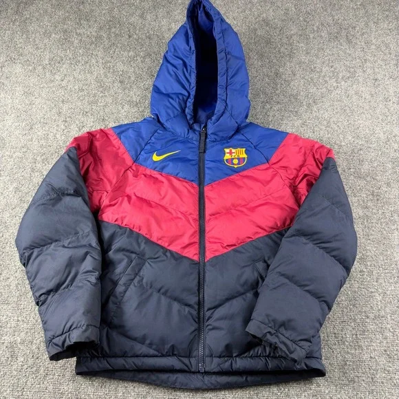Nike Puffer Jacket Boys Medium Blue Red FC Barcelona Hooded DM0612-455 Soccer