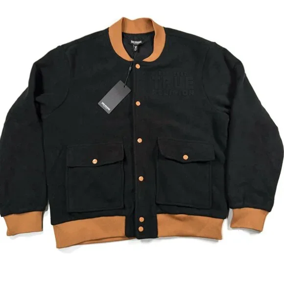 True Religion Black Fleece Bomber Jacket Mens Medium Embossed Logo Snap NWT‎