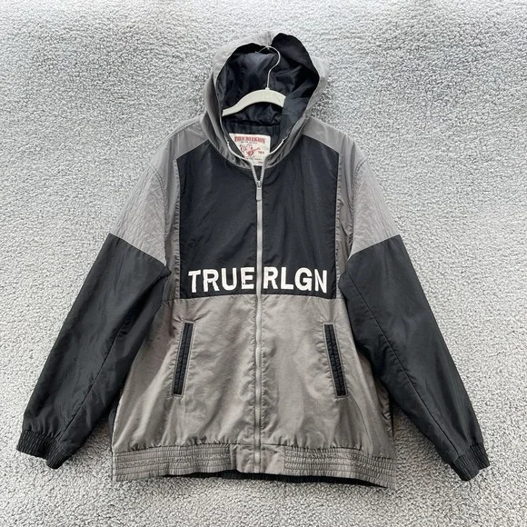 True Religion Jacket Men 2XL Gray Black Spellout Logo Full Zip Outdoor Windbreak