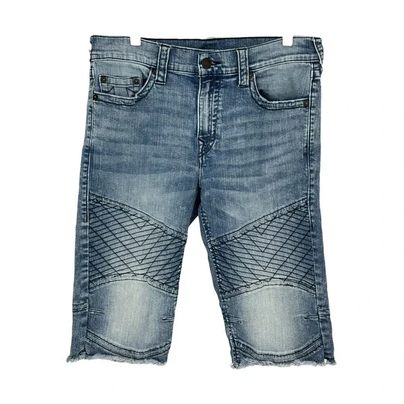 True Religion Geno Moto Shorts Blue Chevron Stitch Relaxed Slim 36