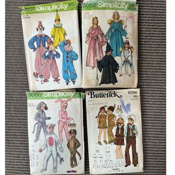 Vintage 70s Kids Costume 4 Sewing Pattern Simplicity Butterick Clown Animal 4pc