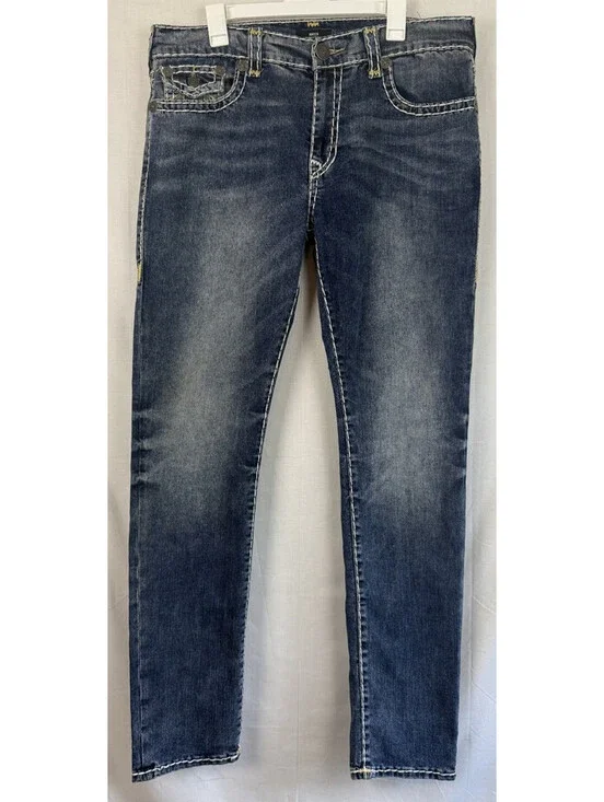 True Religion ROCCO Relaxed Skinny Mens Sz 36 x 34 Blue Denim Jeans Thick Stitch