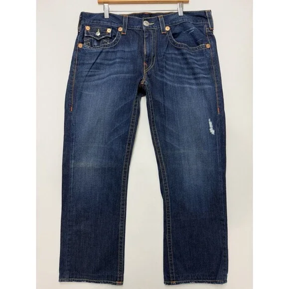 True Religion Ricky Jeans Mens 34x32 Blue Relaxed Straight Zip Fly Stretch Flap