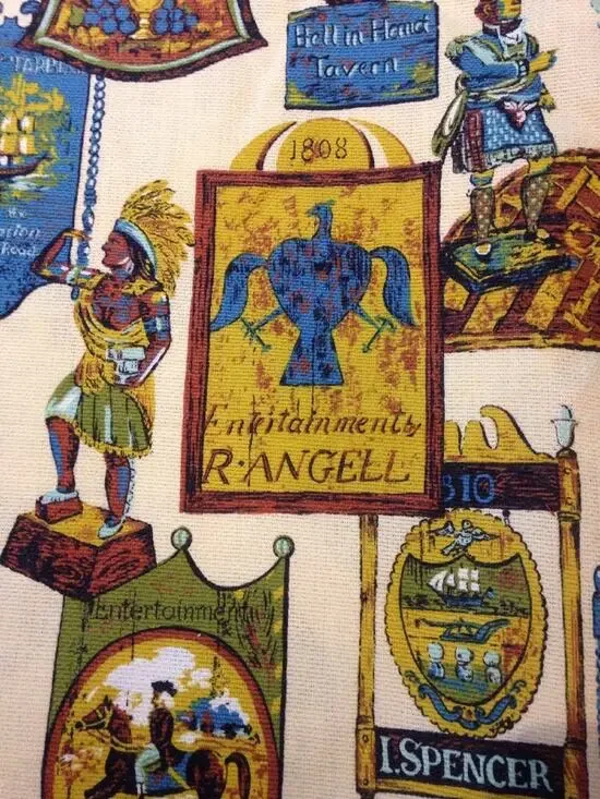 Vintage 70s Retro Faux Colonial Old Fashioned Tavern Signs Printed Fabric 5 yds