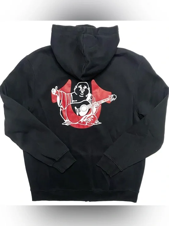 True Religion Black Overlap Buddha Guitar Horseshoe Logo Hoodie Sweatshirt XL