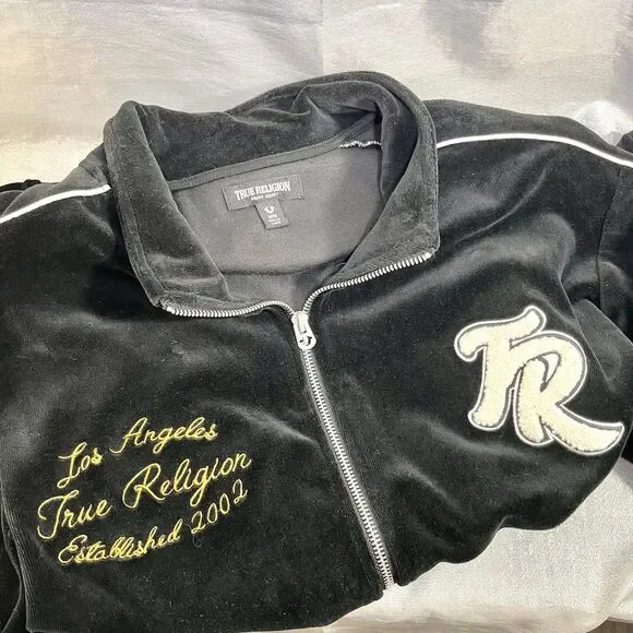 TRUE RELIGION Black Velour Track Jacket Streetwear Full-Zip Striped Men's Medium