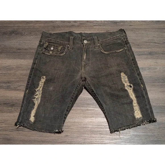 True Religion Joey Distressed Denim Jorts Mens 34 Black Gray Made in USA Y2K