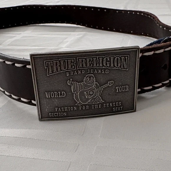 True Religion Men's Brown Stitching Belt with Signature Buddha Silver Buckle‎ 38