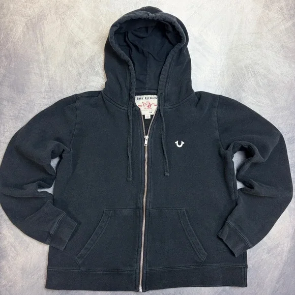 True Religion Mens Black Zip Up Hoodie Horseshoe Logo Graphic Sweatshirt Size M
