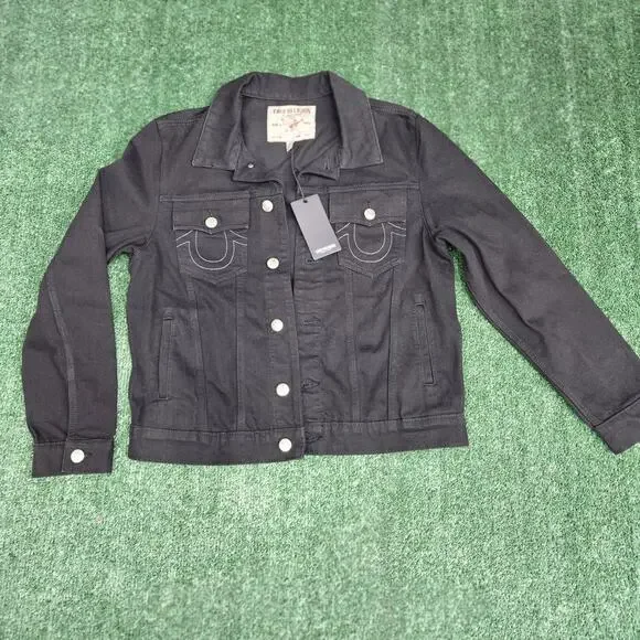 New True Religion Jacket Mens Medium Black Denim Jean Trucker Slim