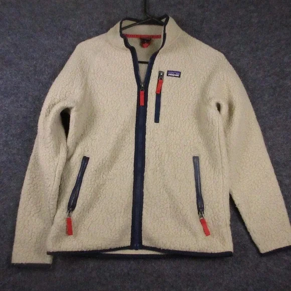 Patagonia Jacket Kids XL 14 Beige Sherpa Fleece Full Zip Pockets Winter Outdoor