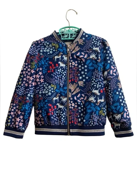 Monsoon Blue Floral Unicorn Silver Sparkle Bomber Jacket Girl’s 3-4 Years.     V