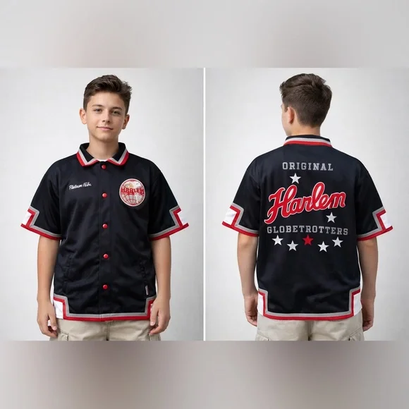 Vintage PlatinumFUBU Harlem Globetrotters JerseyYouthL 16/18 BlackRedEmbroidered