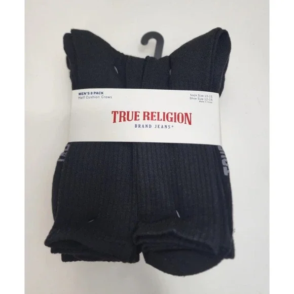 True Religion Mens 8 Pack Black‎ Half Cushion Crew Socks Shoe Sz 12-15