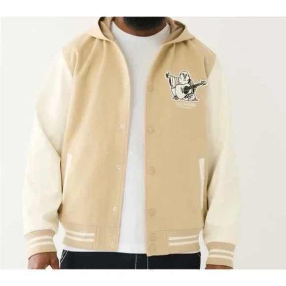True Religion Varsity Jacket Two Toned Buddha Hooded Cream White Men's Medium