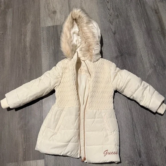 Guess Ivory Quilted Jacket with Faux Fur Hood