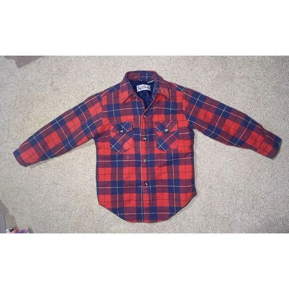 Vintage Royal Knight Kids Red Plaid Quilted Lined Flannel Shirt Jacket Size 8