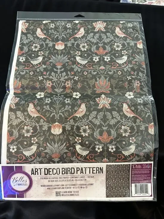 New Belles & Whistles ART DECO BIRD PATTERN Decoupage Decor Rice Paper 23”x33”