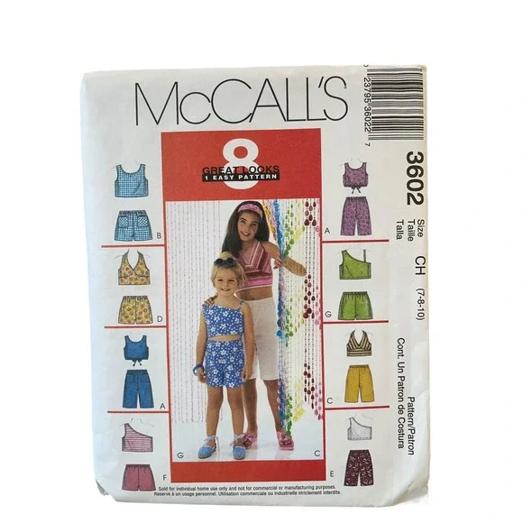 McCALL'S 3602 Girls Tops Shorts Size 7-8-10 Casual Summer Sewing‎ FF UNCUT