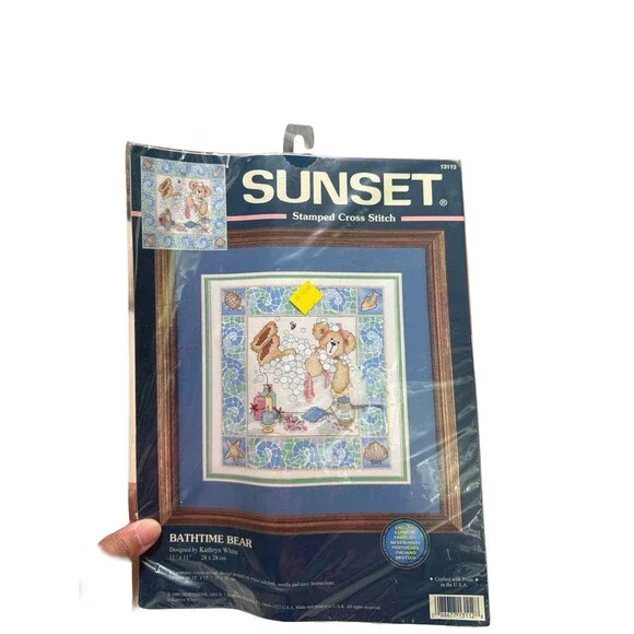 Sunset Bathtime Bear Stamped Cross Stitch Kit Kathryn White Vintage USA