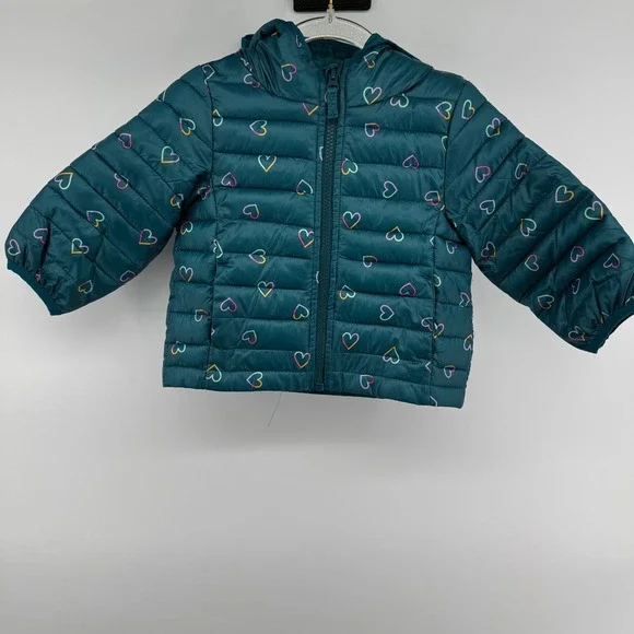Jumping Beans Girls Teal Heart Puffer‎ Hooded Jacket 12 Months