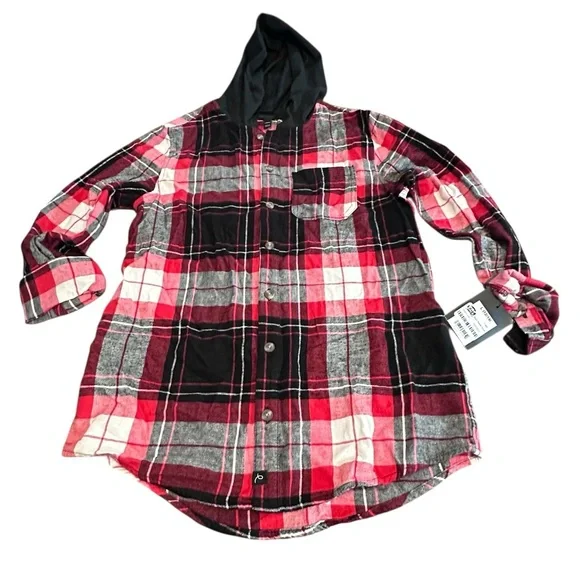 Art Class Boys Flannel Hoodie Shirt Red Black‎ Plaid Size L (12/14)  NWT