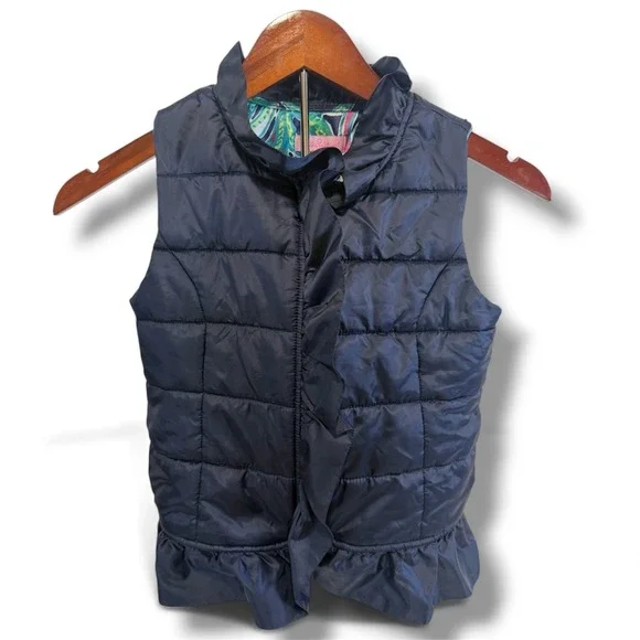 Lilly Pulitzer Puffer Vest Girls Large 8–10 Ruffle Hem‎ Quilted Navy Blue