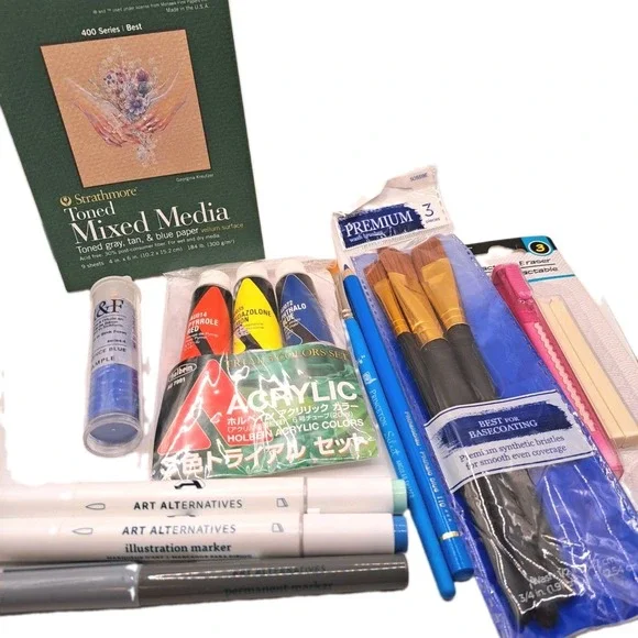Art Supply Lot - Brushes, Watercolor Markers, Acrylic Paint Samples, Pencil *NEW