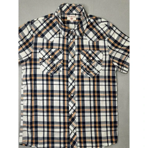 True Religion Shirt Men Small Blue Orange Plaid Button Western Pearl Snap Casual