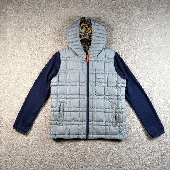 Marmot Boys Featherless Reversible Hooded Hybrid Puffer Navy Blue Grey XL Hiking
