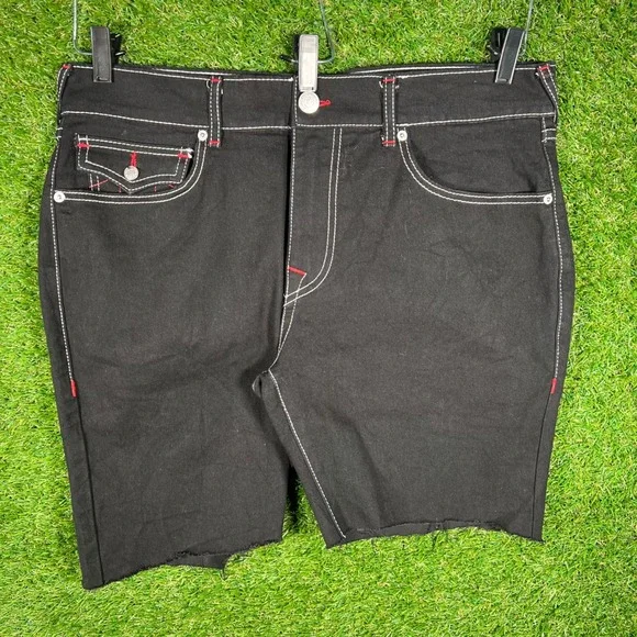 True Religion Rocco Relaxed Skinny Black Denim Shorts Mens 36 Contrast Stitch