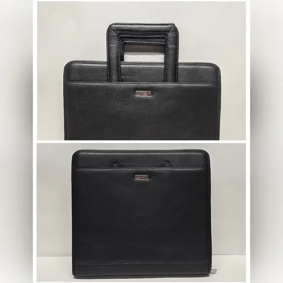 Franklin Covey Black Leather Zipper 3 Ring Binder Briefcase Retractable Handles