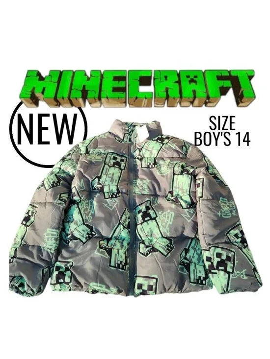 NEW Minecraft Boys Creeper Zip Puffer Jacket Lightweight Size 14 Zippered Size: