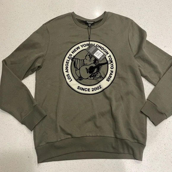 True Religion City Buddha Crew Neck Pullover Sweatshirt Olive Green Size XL NWT