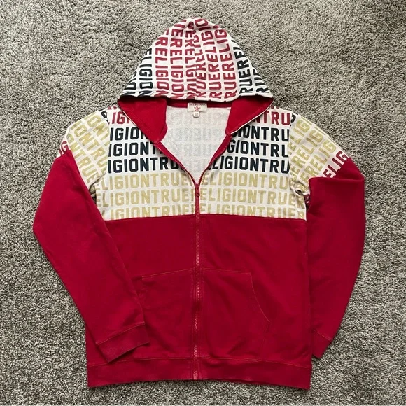 True Religion Men’s Blocked Hoodie Red All Over Print Zip Up Size XL Slim Fit