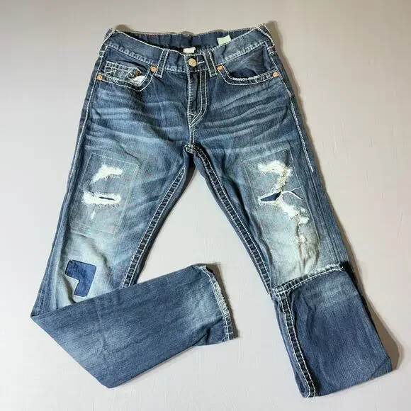 True Religion Section Skinny Distressed Jeans 31x31 Contrast Stitch Patches