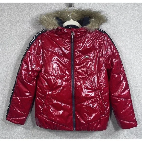 Tommy Hilfiger Girls Puffer Jacket 12/14‎ Lg Red High Shine Chevron Scarlet Logo