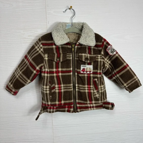 Kids Play Boys Lumberjack Plaid‎ Brown Kids Jacket with Sherpa Collar