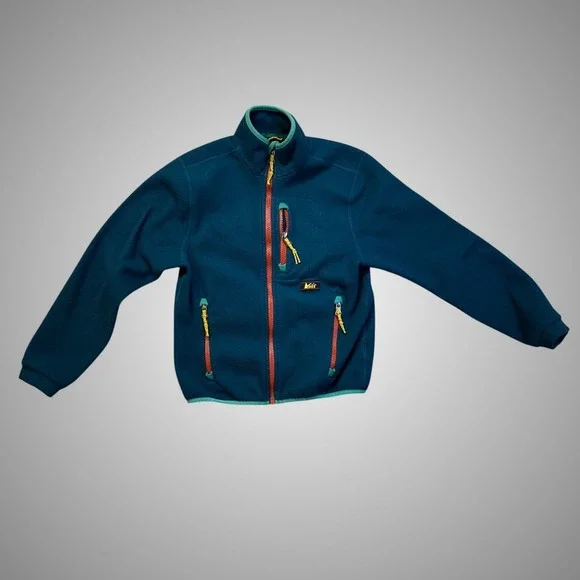 REI‎ Fleece Jacket Kids Medium Teal Orange Excellent Colorblock Full Zip Coat